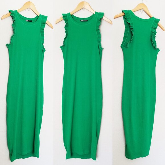 Zara Frill Ruffle Ribbed Knit Midi Dress Bodycon Kelly Green Size S  0962/629 - Picture 13 of 13